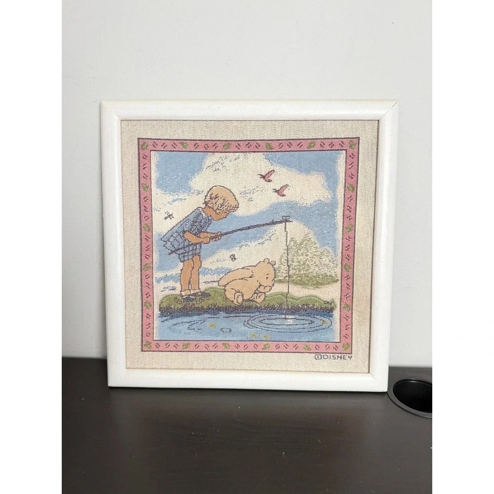 Classic Pooh Christopher Robin Fishing Framed Tapestry Wall Art Disney 15x15